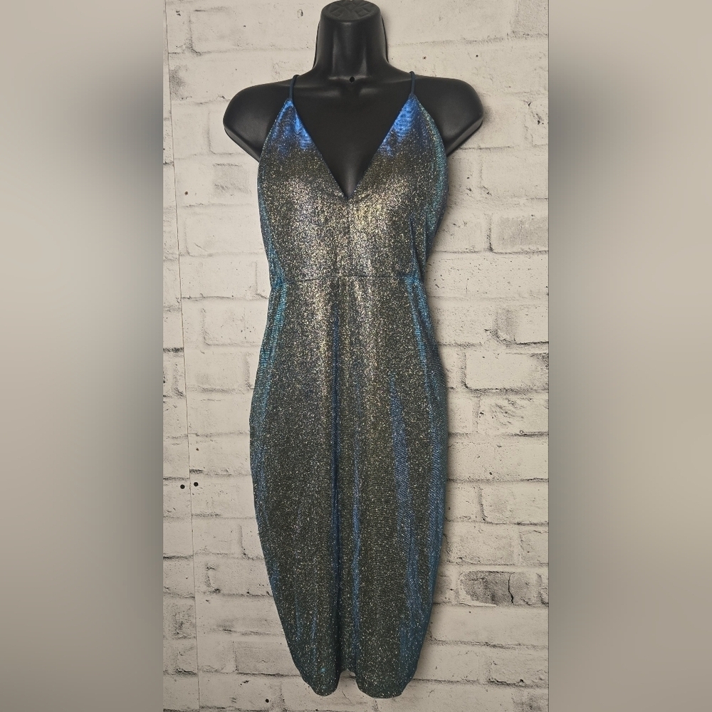 ReVamped Metallic Blue Glitter Bodycon Dress XL Strappy Lace Up Back